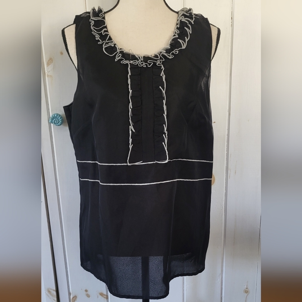 Cynthia Rowley Silk Ruffle Front Black & White Tank